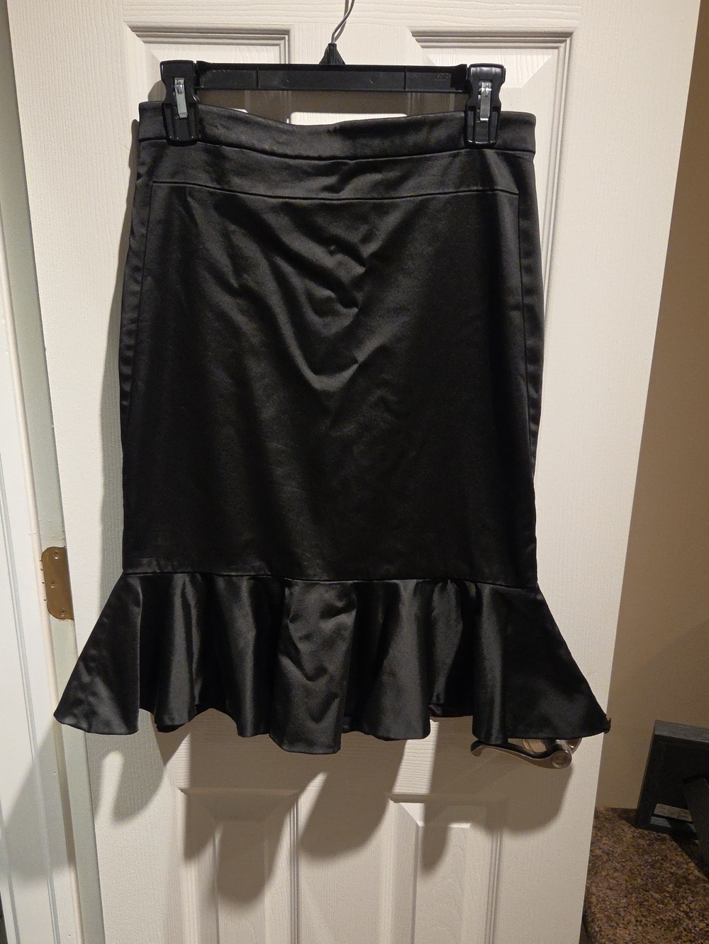 Bebe Black Satin Pencil Skirt with Ruffle Hem